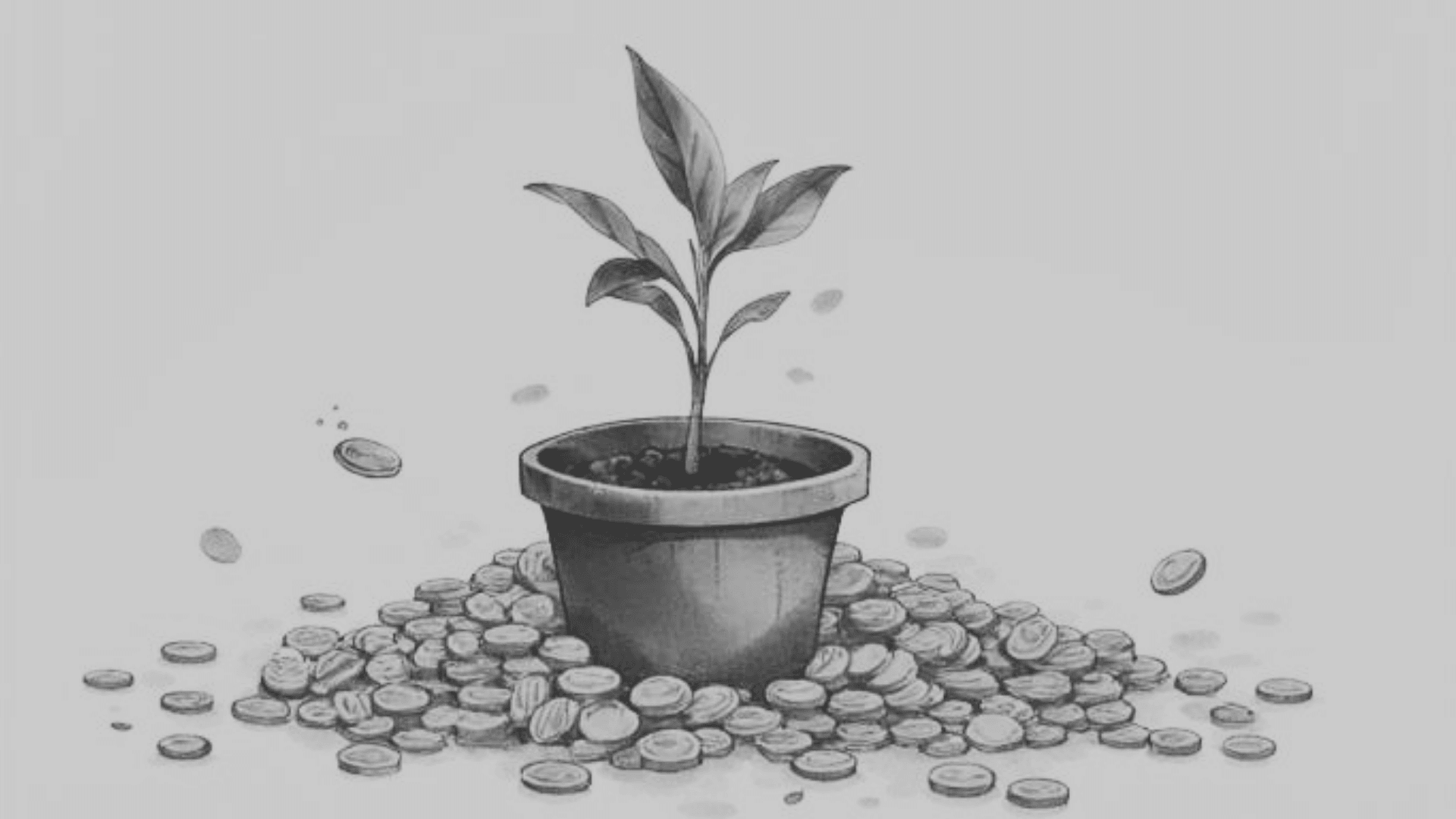 Plant growing from a pot filled with coins, illustrating long-term venture capital investment growth